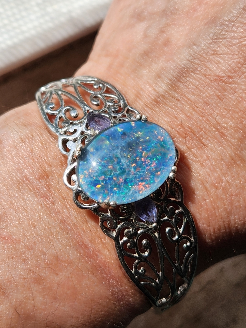 VTG Large Natural Opal & Amethyst 925 Filigree Cuff Btacelet - Picture 4 of 16